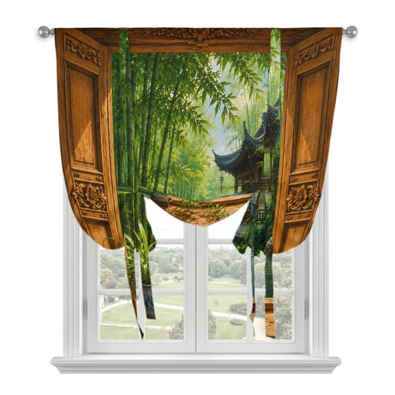 Green Bamboos Tie Up Balloon Window Curtain 52W x 63L Inch, Open Window Garden Pavilion Serene Stone Bridge Rod Pocket Adjustable Tie Up Curtains Small Kitchen Sink Curtains for Cafe Bedroom