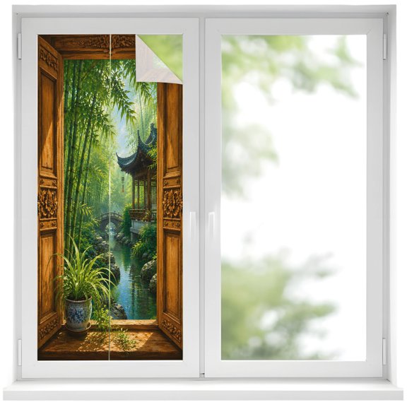 Green Bamboos Window Privacy Film 17.7x39.3in Open Window Garden Pavilion Serene Stone Bridge Decorative Window Film with Static Cling, UV Filtering Window Cling Privacy Film for Glass Doors