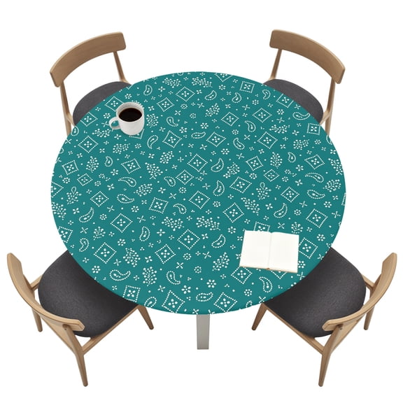 Green Bandana Round Fitted Table Cover Rustic Southwestern Minimalist Farmhouse Flower Waterproof Table Cloth with Elastic Edge Wipeable Tablecloth for Picnic Camping Party Fits 36"-44" Tables