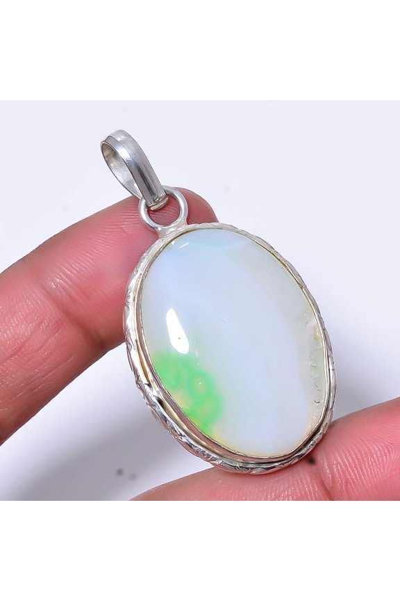 Green Banded Agate - Botswana Handmade 925 Sterling Silver Pendant 1.95" P11