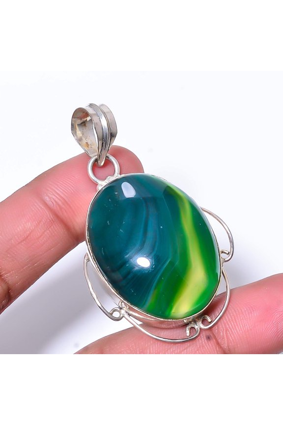 Green Banded Agate - Botswana Handmade 925 Sterling Silver Pendant 2.11" P40