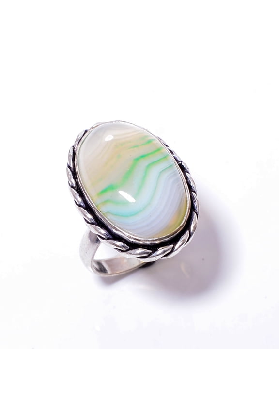 Green Banded Agate - Botswana Handmade 925 Sterling Silver Ring S.7 R109