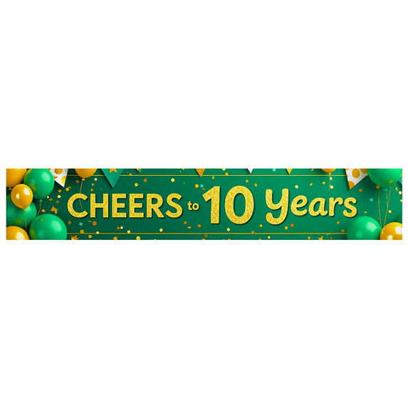 Green Banner with Glittery Cheers to 10 Years Text Balloons and Bunting Decors Party Backdrop Background for Anniversary Celebrations Milestone Parties Photography Props Party Decorations