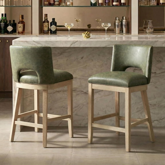Green Bar Stools Set of 2, 26" Pu Leather Counter Height Barstools, Farmhouse Island Countertop Bar Chairs with Curved Backrest/Hardwood Frame for Breakfast Bar/Home Pub