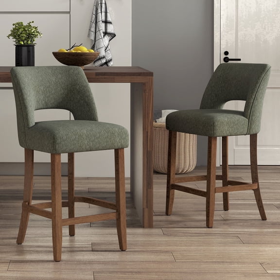VKNOW Bar Stools Set of 2, 26" Upholstered Counter Height Bar Stools, Modern Counter Stools with Wood Legs for Kitchen Island Dining Room Bar,Green