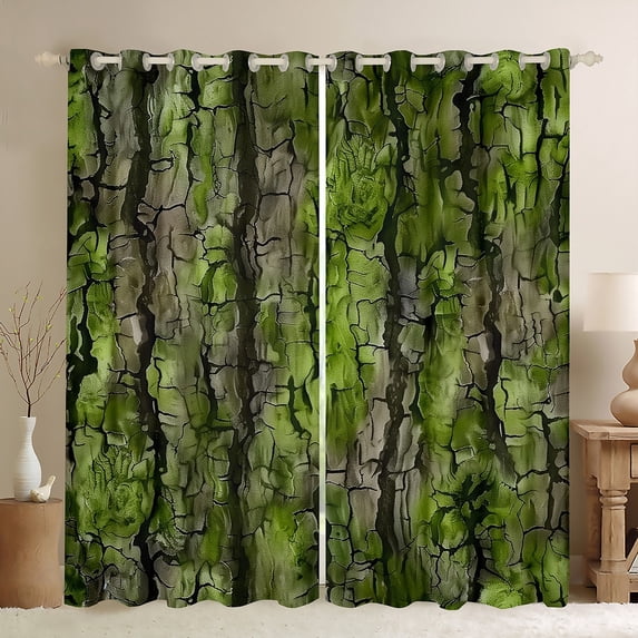 Green Bark Curtains 2 Panels,52"x63",Vintage Crack Bark 30%-50% Blackout Curtains,Nature Abstract Window Curtains & Drapes,Rustic Farmhouse Darkening Curtains