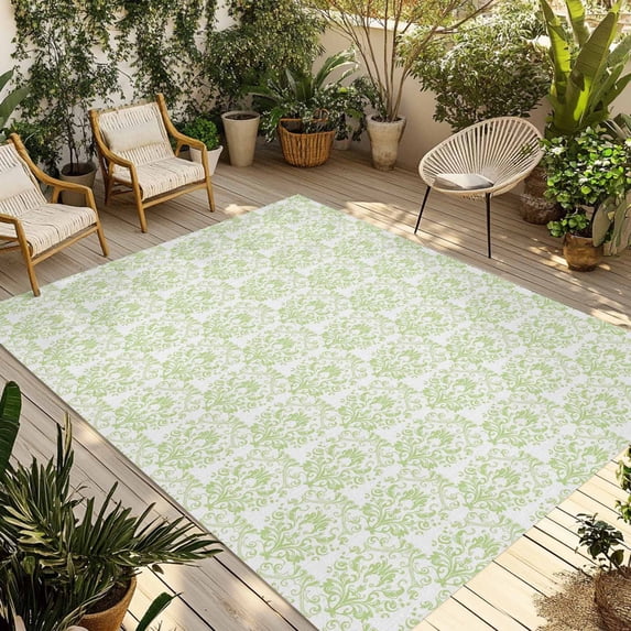 Green Baroque Outdoor Rug 4x6 Ft - Reversible Patio Rug Outdoor Camping Rugs, Abstract Art Floral Pattern Washable Indoor Outdoor Area Rugs, Non-Slip Outdoor Carpet Runner for Deck/Porch