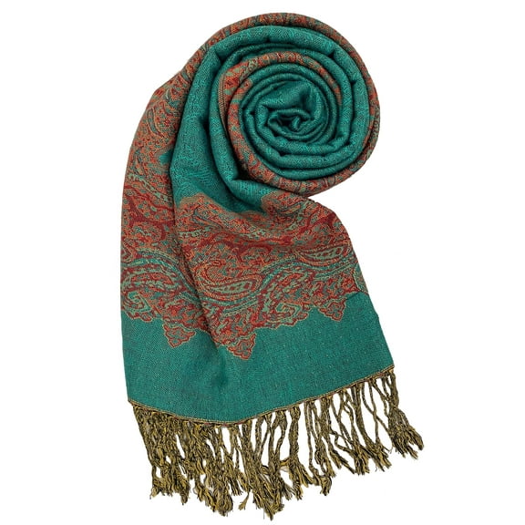 Green Baroque Print Pashmina Shawl Scarf With Fringe
