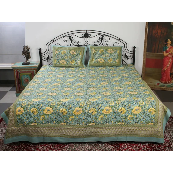 Exotic India Pure Cotton Bedsheet Queen Size with Flower Pattern Printed and Two Pillow Cover