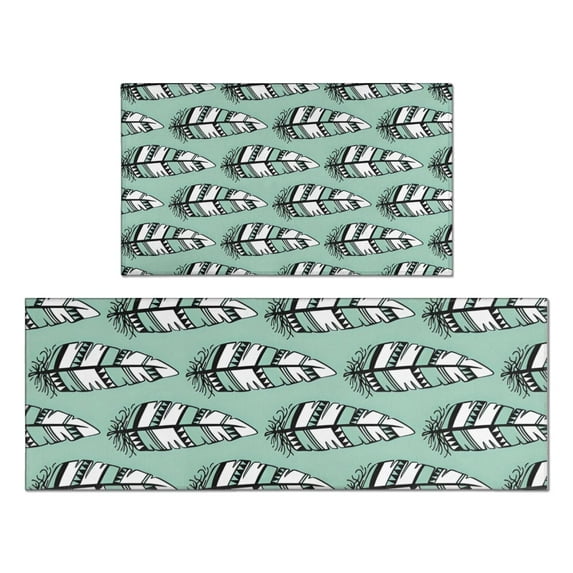 Green - Based Black and White Geometric Feather Pattern Kitchen Rugs Sets Of 2,Anti Fatigue Kitchen Mat Rugs Non Slip Washable,Decorative Kitchen Floor Mats for Kitchen,Sink,Laundry,17"x30"+17"x47"