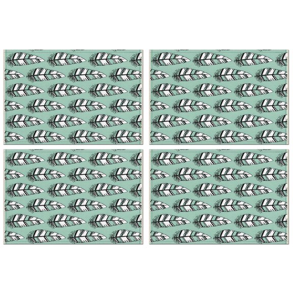 Green - Based Black and White Geometric Feather Pattern Summer Placemats Table Placemats Set Of 4-Linen Kitchen Washable Placemats Table Mats 11.8"x17.7" Non-Slip Heat Resistant