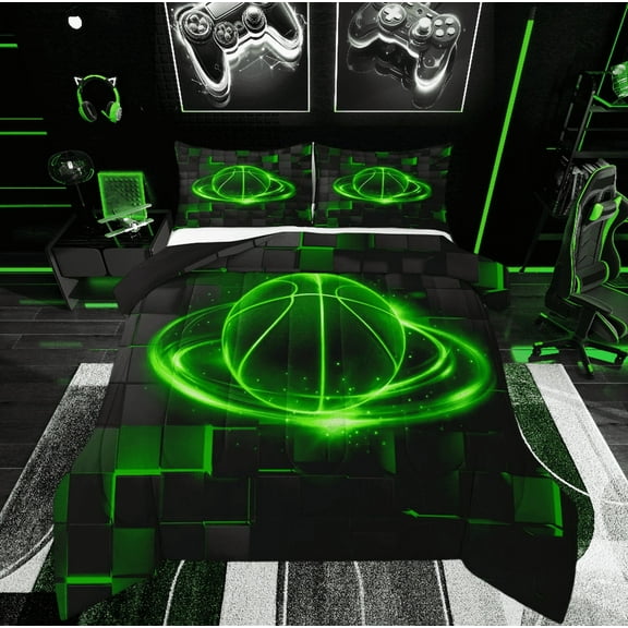 Green Basketball Comforter Sets Twin Size Teens Adults,3D Check Plaid Bedding Set,Sports Lover Bed Set,Neon Basketball Down Comforter Bedroom Decor