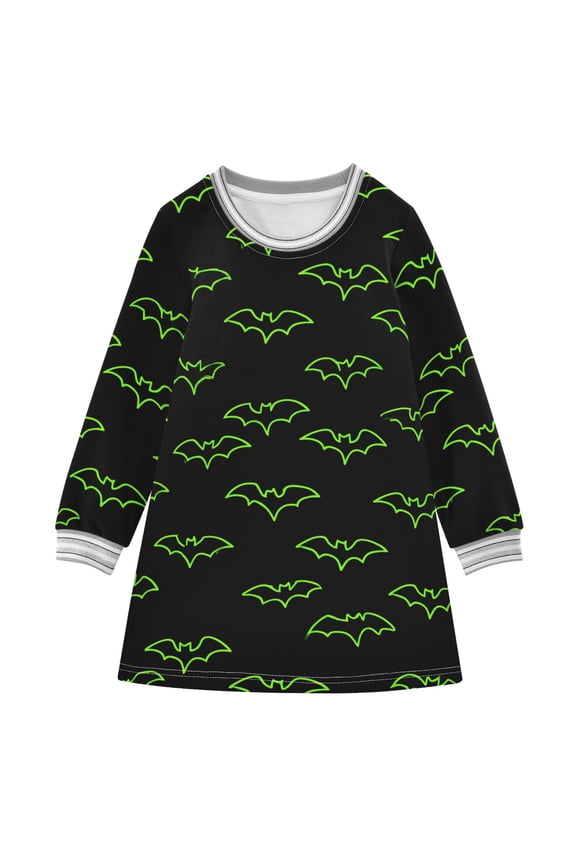 Green Bat Pattern Girls'long-sleeved dress Thickened A-dress Warm Dress Basic Shirt Party Dresses