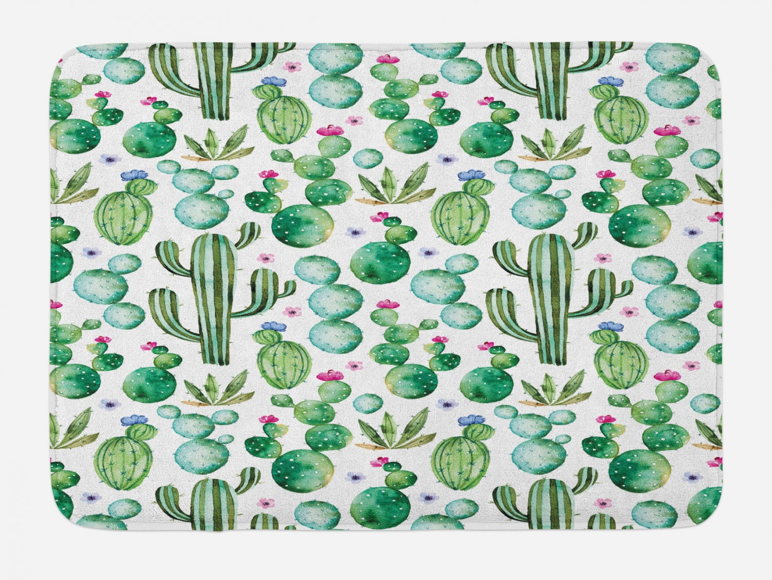 Green and White Cactus Print High Pile Bath Mat