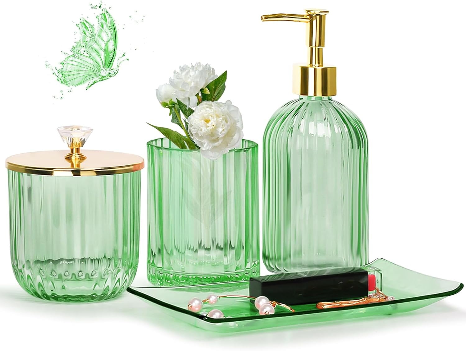 Green Bathroom Accessories Set, 4 Pcs Glass Bathroom Accessory Sets ...