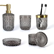 RFGUB Ahot Gray Bathroom Accessories Set, 5Pcs Clear Glass Bathroom Set, Soap Dispenser, Soap Dish, Toothbrush Holder, Cotton Swab Jar, Black and Gold Accent for Crystal Vintage Bathroom Decor