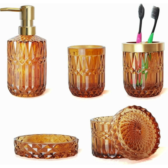 sdzkven Blue Bathroom Accessories Set 5Pcs Clear Glass Bathroom Set Bathroom Hand Soap Dispenser Set Soap Dish Toothbrush Holder Set Qtip Holder Set Vanity Bathroom Decor Gift Set