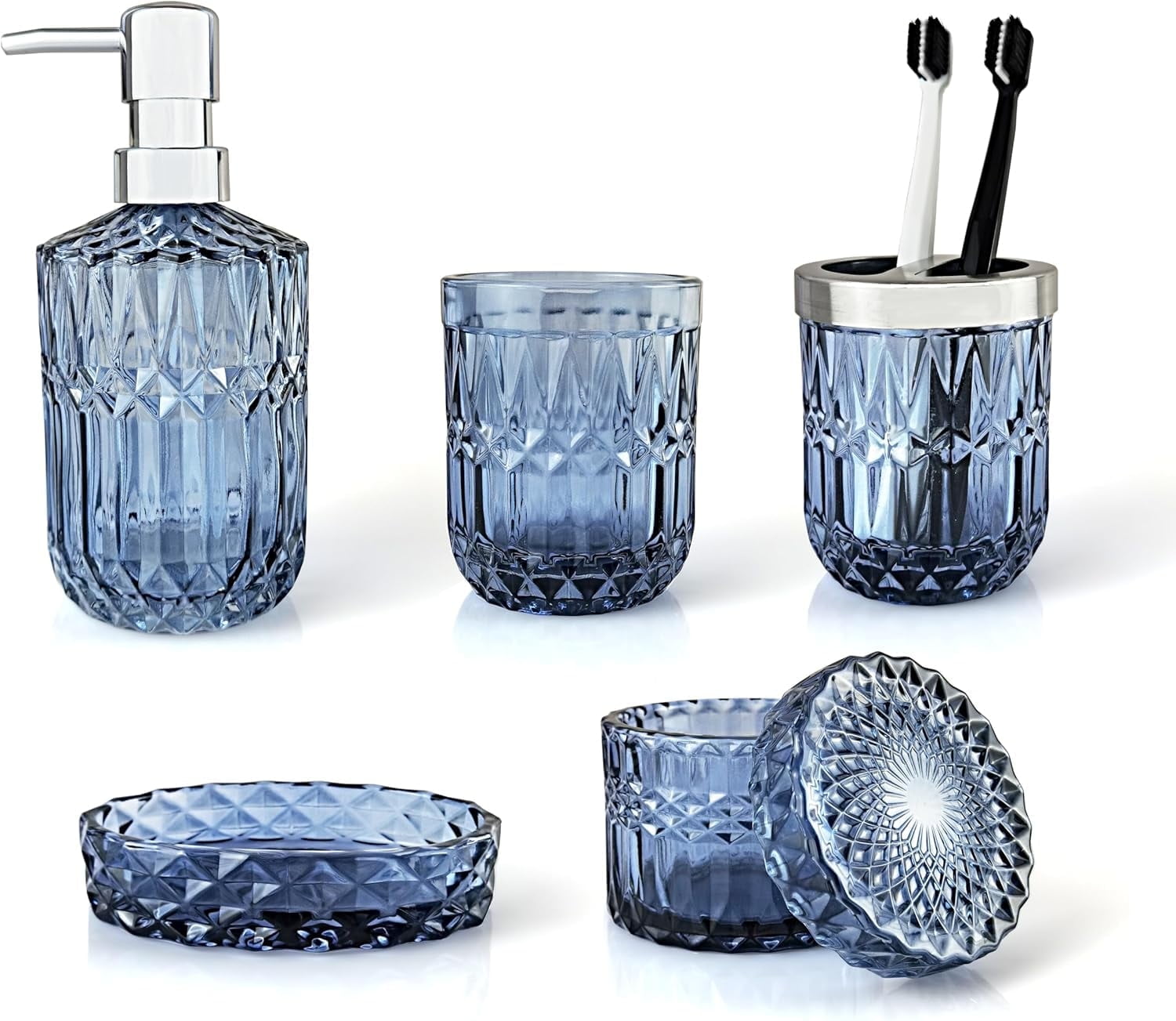 Ahot Bathroom Accessories Set, 5Pcs Clear Glass Bathroom Accessories, Hand Soap Dispenser, Soap Dish, Toothbrush Holder Set, Tumbler, Cotton Swab Jars, Modern Bath Decor, Gift Set