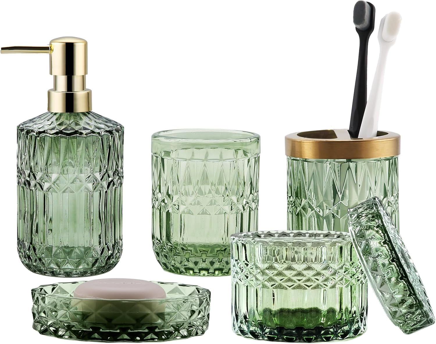 Green Bathroom Accessories Set, 5Pcs Clear Glass Bathroom Accessories ...
