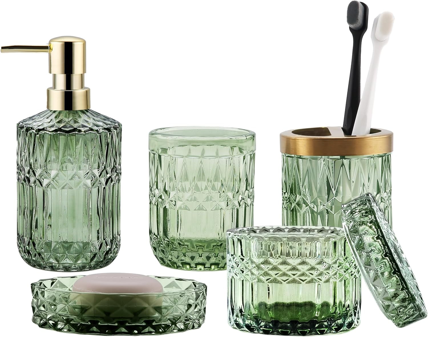 Green Bathroom Accessories Set, 5Pcs Clear Glass Bathroom Accessories ...