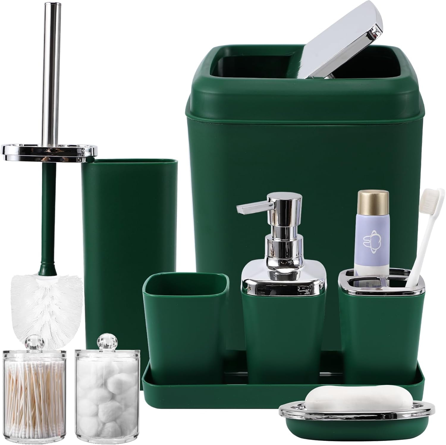Green Bathroom Accessories Set, Dark Green with Trash Can, Toothbrush ...