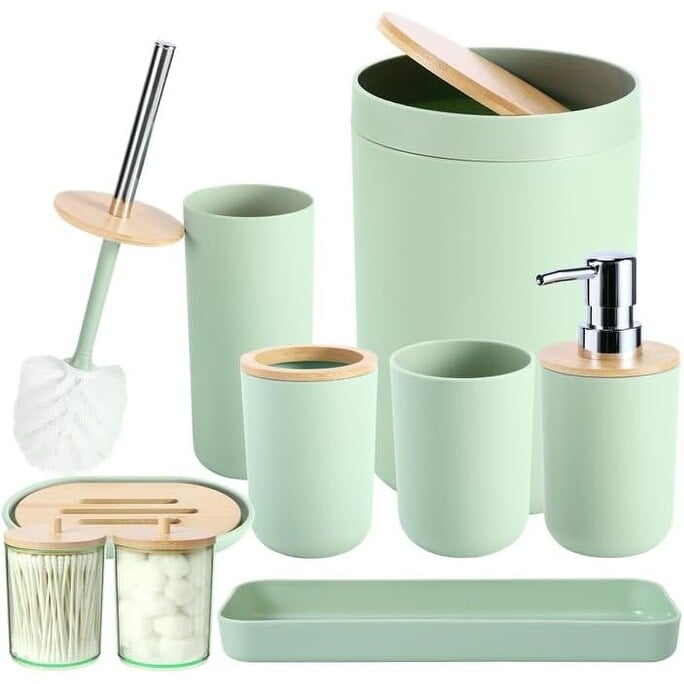 Pastel Green Bamboo and Plastic Bathroom Accessories Set