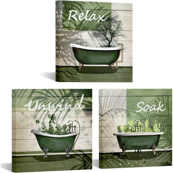 Green Bathroom Picture Wall Decor Relax Soak Unwind Signs Poster Canvas Print Art Botanical Leaf Artwok Framed Washroom Toilet Decoration Ready to Hang 12X12inchx3pcs