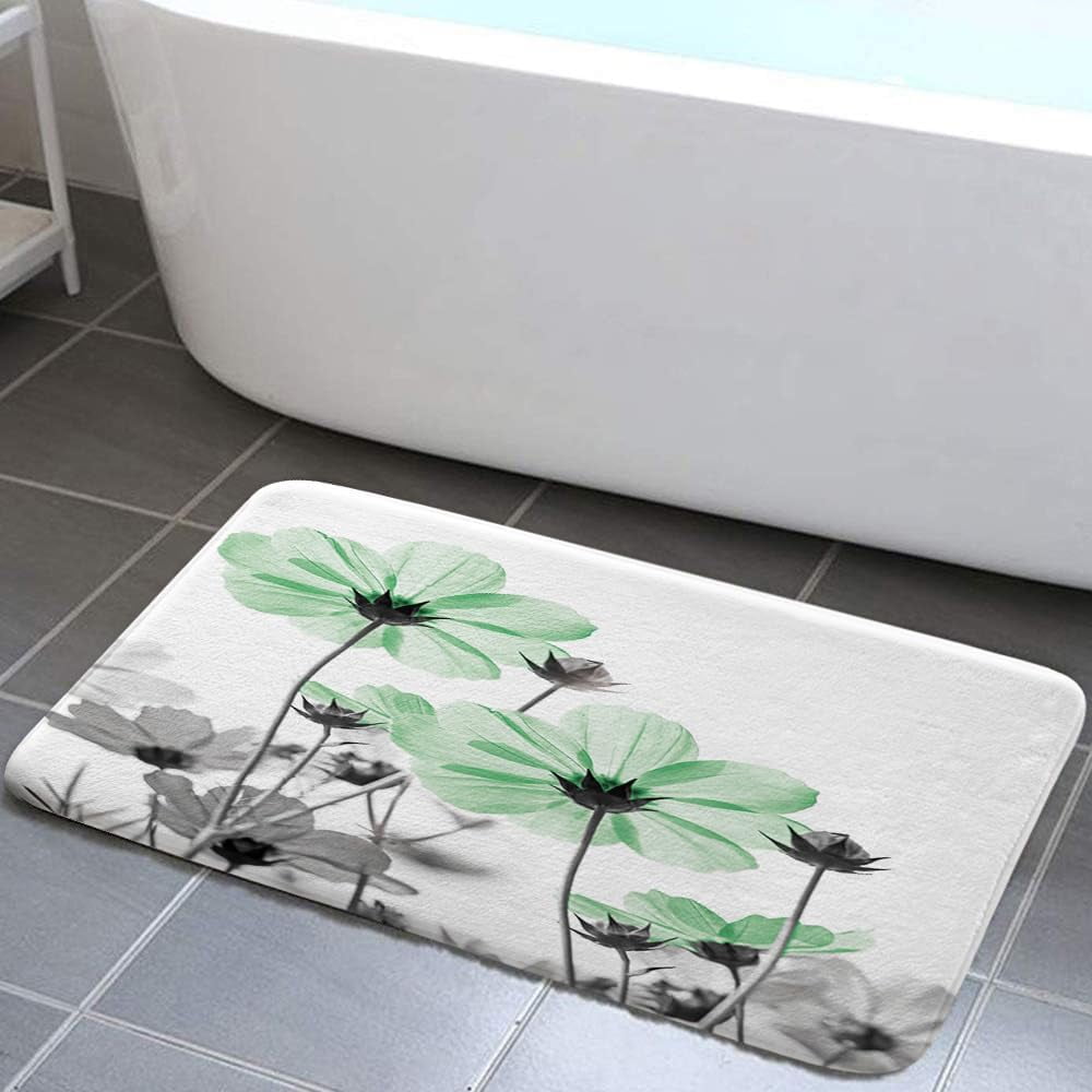 Green Bathroom Rugs Mat, Cute Daisy Flower Elegant Wildflower Design Farmhouse Bath Rugs, Unique Floral Door Mats, 17X48in