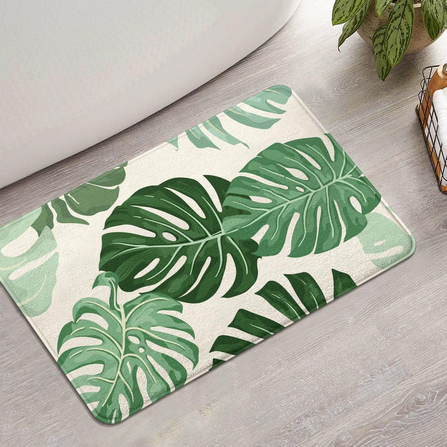 Green Bathroom Rugs Non Slip Washable, Leaf Bath Mats for Bathroom