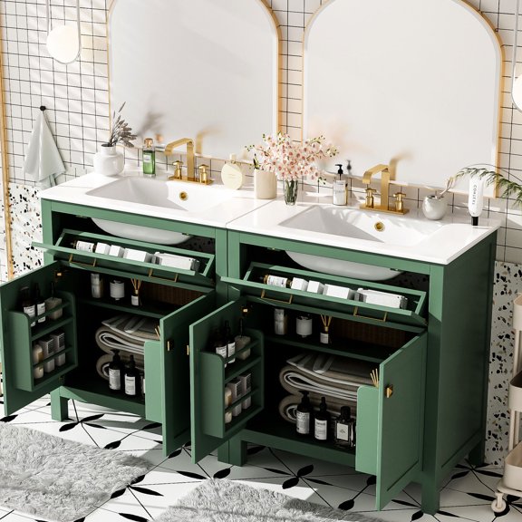 Green Bathroom Vanity with Gold Handles | Sturdy Construction for Long Lifespan | Combine Style and Durability