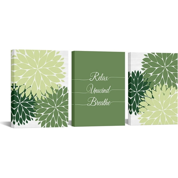 Green Bathroom Wall Art Dahlia Flowers Picture Relax Unwind 3 Pieces Bath Digns for Spa Room Wash Room Decor 12"x16"