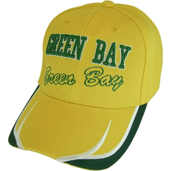 Green Bay City Name Block and Script Lettering Baseball Cap with Embroidered Bill (Gold/Green)