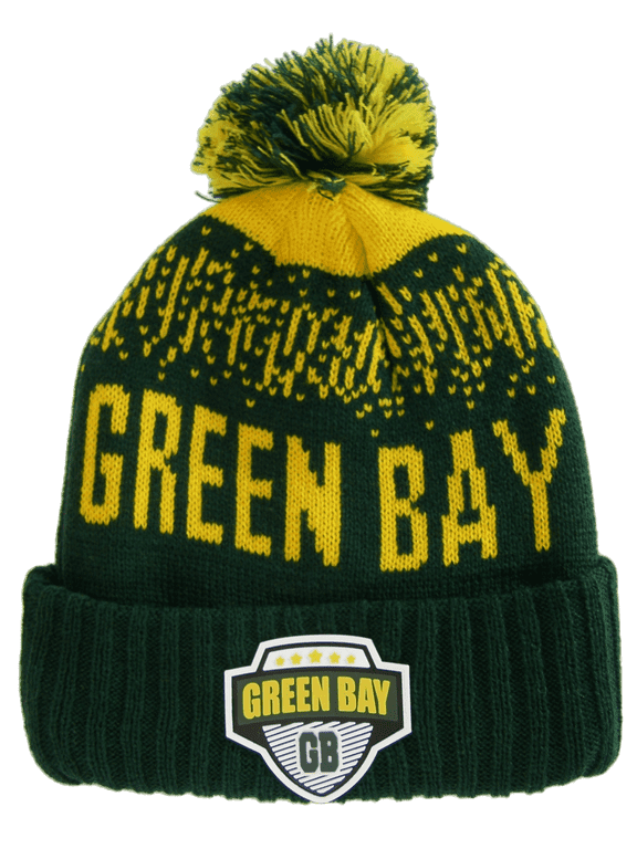 Green Bay City Name Rubber Patch Ribbed Winter Knit Pom Beanie (Gold/Green)