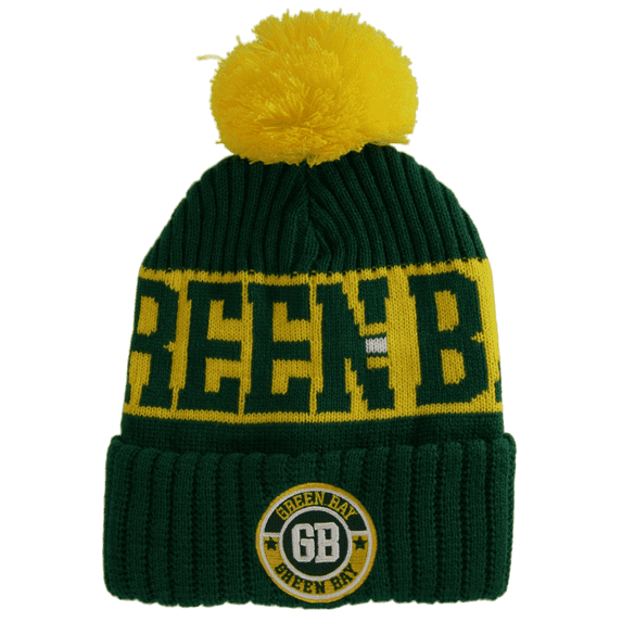 Green Bay City Name Three Stripe Circular Patch Pom Beanie Winter Hat (Green/Gold)
