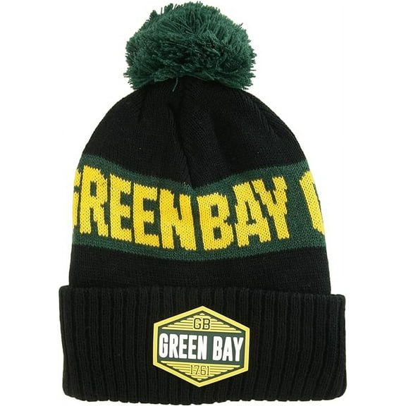 Green Bay City Name Winter Knit 3D Rubber Patch Pom Beanie Hat (Black/Green)