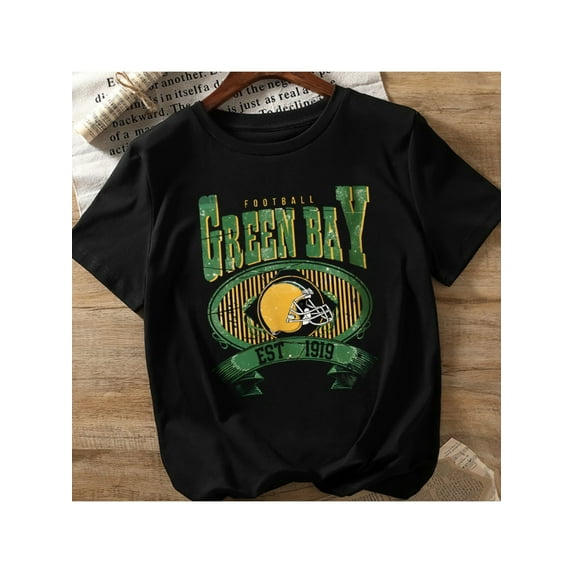 Green Bay Football Day Men's Casual T-Shirt - Black Knit Crew Neck with Bold "GREEN BAY" Print & Helmet Design, All-Season Comfort for Fans