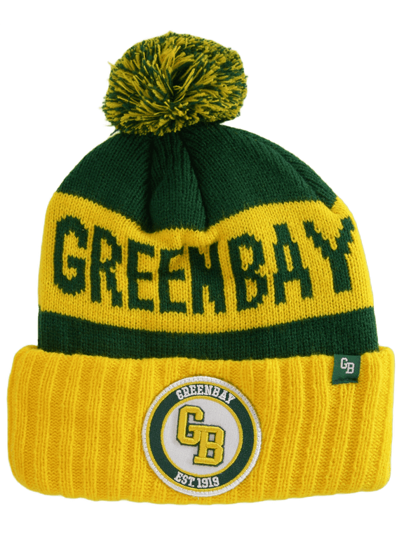 Green Bay GB Patch Ribbed Cuff Knit Winter Hat Pom Beanie (Gold/Green Patch)