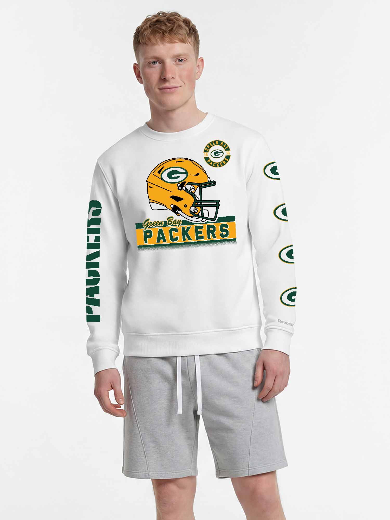 Green Bay Packers Reebok Mens White Crew Sweatshirt