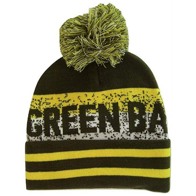 Green Bay Pixelated Adult Size Winter Knit Pom Beanie Hat (Dark Green/Gold)