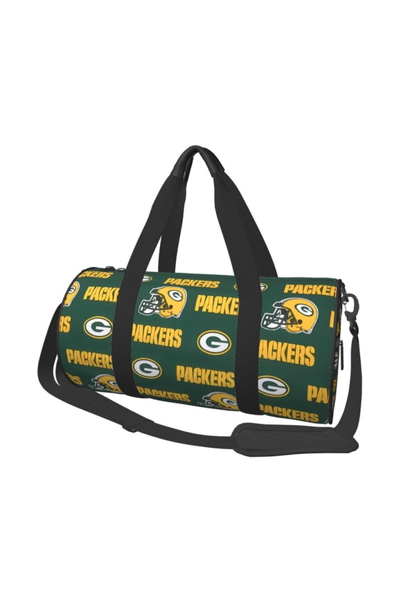 Green_Bay Team Large Capacity Travel Duffel Bag American Football Sports Training Fitness Cylinder Bag Double Pull Zipper Leisure Duffel Bag With Side Pockets Unisex
