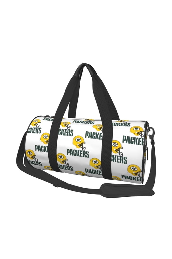 Green_Bay Team Large Capacity Travel Duffel Bag American Football Sports Training Fitness Cylinder Bag Double Pull Zipper Leisure Duffel Bag With Side Pockets Unisex