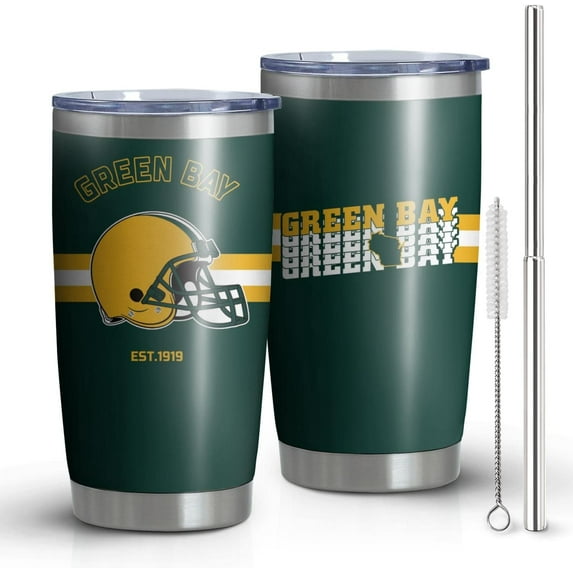 Green Bay Tumbler Cup - Green Bay Gifts for Men - 20 OZ Insulated Stainless Steel Coffee Travel Mug with Lid and Straw