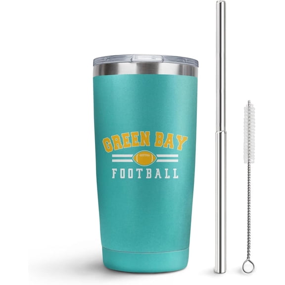 Green Bay Tumbler with Lids and Straws Insulated Stainless Steel Cup Water Bottle Gift for Football Fans 20 Oz