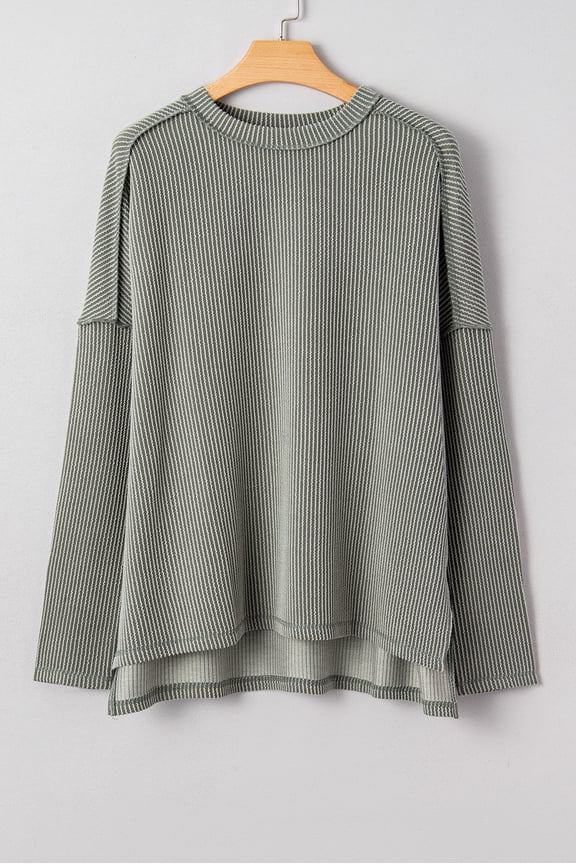 Green Bay Twist Ribbed Exposed Seam Detail Long Sleeve Loose Top