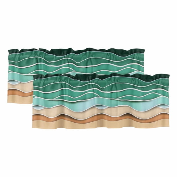 Green Beach Curtain Valances for Windows, Kitchen Valance Window Treatments Panel 2 Pack, Abstract Stripes Gradient Ocean Brown Sand Rod Pocket Short Curtains for Bathroom Bedroom 54 x 18 Inch