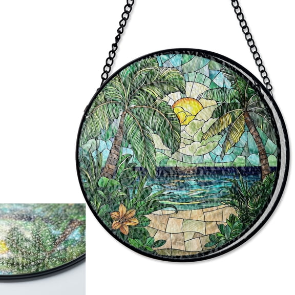 Green Beach Scenery Stained Glass Suncatcher, Diamond Landscape Panel