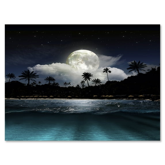 Green Beach Under Tropical Full Moon 32 in x 24 in Painting Canvas Art Print, by Designart
