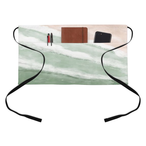 Green Beach Waves Kitchen Restaurant Half Waist Apron, Nautical Coastal Abstract Gradient Ocean Wave Server Short Apron with 3 Pockets Waterproof Oil Waist Aprons for Women Waitress Waiter