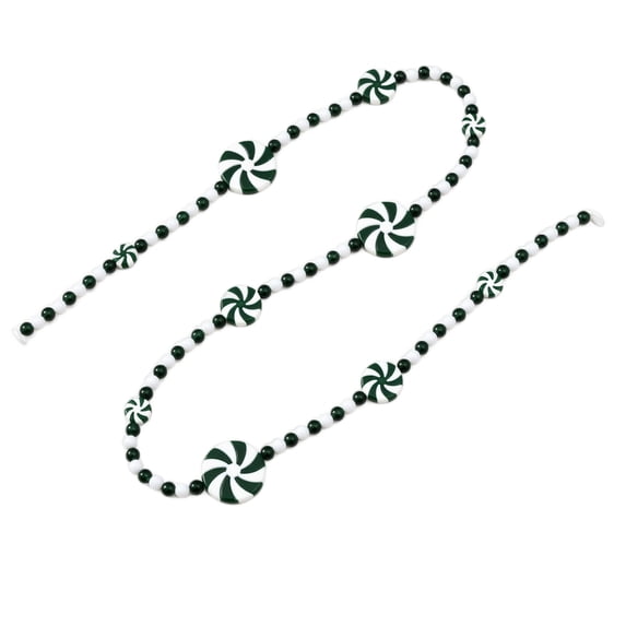 Green Beaded Necklace with Peppermint Candy Design, 33 Inches, Green and White, for Christmas Party Favors, Holiday Decoration