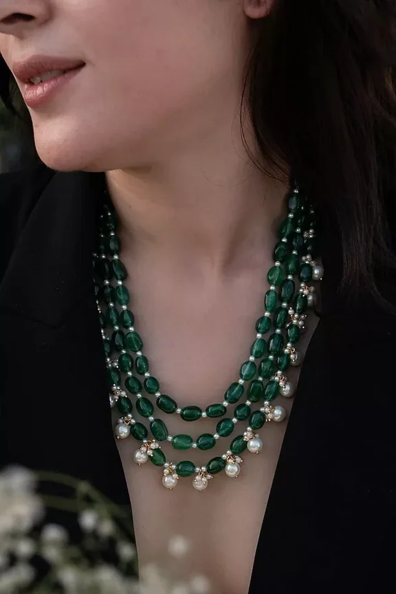 Green Beads Pearl Bollywood Style Indian Pakistani Long Necklace Party Jewelry